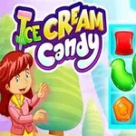 Tecknad flicka står bredvid färgglada godisar och texten Ice Cream Candy på en ljus bakgrund