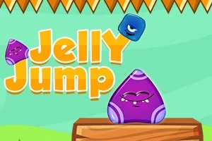 Färgglada geléfigurer, inklusive en lila på en träplattform och en blå i luften, med texten Jelly Jump mot en grön bakgrund