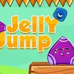 Färgglada geléfigurer, inklusive en lila på en träplattform och en blå i luften, med texten Jelly Jump mot en grön bakgrund