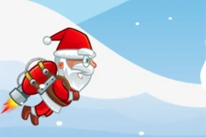 Tomte med jetpack flyger i en vinterhimmel