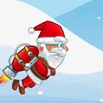 Tomte med jetpack flyger i en vinterhimmel