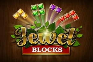Texten Jewel Blocks i guld och rött med färgglada juvelblock i bakgrunden och gröna löv runt texten