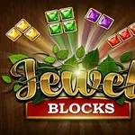Texten Jewel Blocks i guld och rött med färgglada juvelblock i bakgrunden och gröna löv runt texten