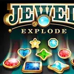 Texten Jewel Explode visas ovan färgglada ädelstenar i olika former mot en mörk bakgrund