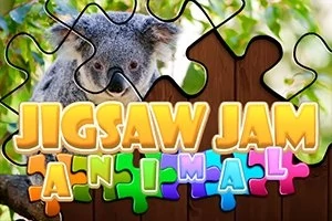 En koala tittar fram bakom ett pussel i ljusa färger med texten Jigsaw Jam Animal