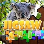 En koala tittar fram bakom ett pussel i ljusa färger med texten Jigsaw Jam Animal