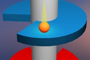 En orange boll balanserar på en blå spiralformad plattform runt en grå pelare med en gradient bakgrund