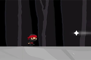 En tecknad ninja med röd pannband springer genom en mörk skog med trädstammar i bakgrunden, mot en lysande stjärna