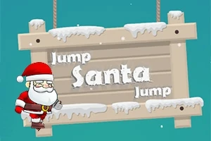 Tomtefigur i röd dräkt bredvid en träskylt med snö som har texten Jump Santa Jump