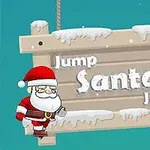 Tomtefigur i röd dräkt bredvid en träskylt med snö som har texten Jump Santa Jump