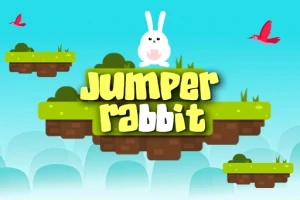 En tecknad vit kanin sitter på en flytande grön plattform mot en blå bakgrund med texten Jumper Rabbit i förgrunden och röda fåglar i luften