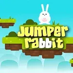 En tecknad vit kanin sitter på en flytande grön plattform mot en blå bakgrund med texten Jumper Rabbit i förgrunden och röda fåglar i luften