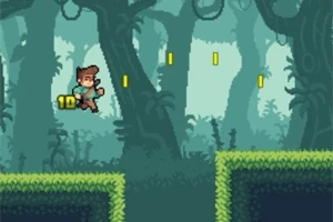 Pixelkonstbild av en man som springer genom en skog med mynt i luften över mossbevuxna plattformar