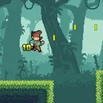 Pixelkonstbild av en man som springer genom en skog med mynt i luften över mossbevuxna plattformar