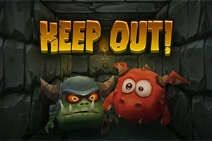 Två tecknade monster i en stenig korridor med texten KEEP OUT!