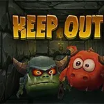 Två tecknade monster i en stenig korridor med texten KEEP OUT!