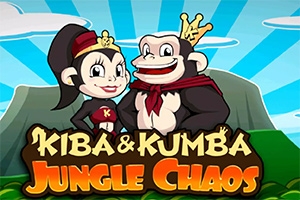 Två tecknade apor med kronor, framför en bergssluttning och en himmel med strålande solstrålar, med texten Kiba & Kumba Jungle Chaos nedanför