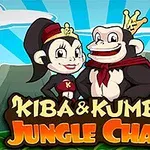 Två tecknade apor med kronor, framför en bergssluttning och en himmel med strålande solstrålar, med texten Kiba & Kumba Jungle Chaos nedanför