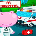 En tecknad flodhäst klädd som läkare står framför ett sjukhus och en ambulans