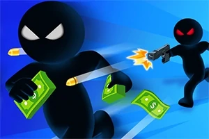 Två tecknade figurer där den ena skjuter med en pistol och den andra springer iväg med pengar i handen