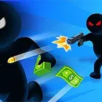 Två tecknade figurer där den ena skjuter med en pistol och den andra springer iväg med pengar i handen