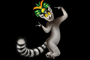 Tecknad lemur med grön och gul krona poserar mot en svart bakgrund