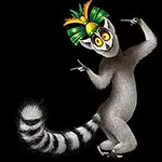 Tecknad lemur med grön och gul krona poserar mot en svart bakgrund