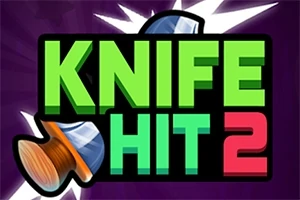Texten Knife Hit 2 i grönt och rött med en kniv som sticker ut i bakgrunden mot en lila bakgrund