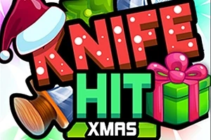 Texten KNIFE HIT XMAS i julstil med en yxa, en tomteluva och en grön present med rosa rosett
