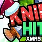 Texten KNIFE HIT XMAS i julstil med en yxa, en tomteluva och en grön present med rosa rosett