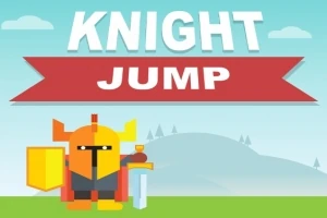 Tecknad riddare med gul sköld och svärd framför en bergbakgrund med texten KNIGHT JUMP ovanför