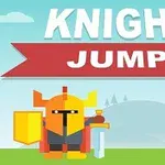 Tecknad riddare med gul sköld och svärd framför en bergbakgrund med texten KNIGHT JUMP ovanför