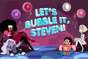 Tecknade figurer sitter tillsammans i ett rum med färgglada ädelstenar och texten Lets bubble it, Steven!