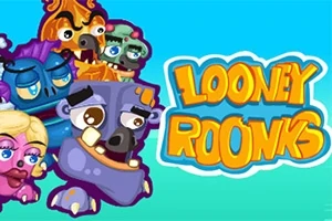 Tecknade, färgglada monster ansikten bredvid texten Looney Roonks på en blå bakgrund