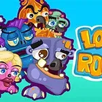 Tecknade, färgglada monster ansikten bredvid texten Looney Roonks på en blå bakgrund