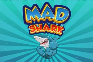 Tecknad bild av en muskulös haj med aggressivt ansiktsuttryck och texten MAD SHARK ovanpå en blå strålande bakgrund