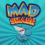 Tecknad bild av en muskulös haj med aggressivt ansiktsuttryck och texten MAD SHARK ovanpå en blå strålande bakgrund