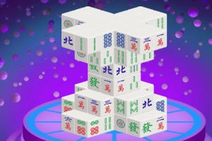 Mahjong-block staplade i ett tredimensionellt korsmönster mot en lila och blå bubblig bakgrund