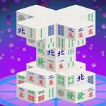 Mahjong-block staplade i ett tredimensionellt korsmönster mot en lila och blå bubblig bakgrund