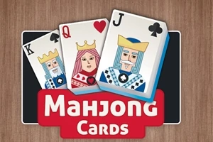 Tre spelkort med kung, dam och knekt visas ovanför en skylt med texten Mahjong Cards