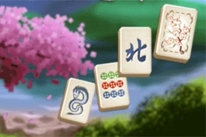 Fyra mahjong-brickor med symboler och mönster mot en bakgrund av en lummig trädgård med rosa blommor