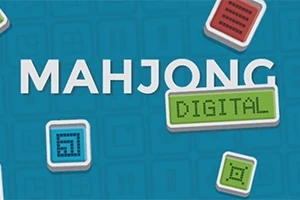 Texten MAHJONG DIGITAL med färgglada, pixel-liknande mönster på en blå bakgrund