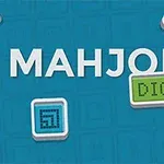 Texten MAHJONG DIGITAL med färgglada, pixel-liknande mönster på en blå bakgrund