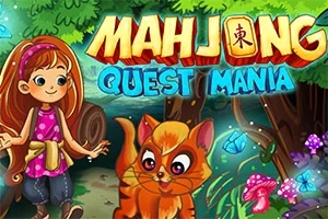 Tecknad flicka och en katt i en färgglad skog med texten Mahjong Quest Mania