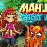 Tecknad flicka och en katt i en färgglad skog med texten Mahjong Quest Mania