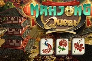 Texten Mahjong Quest med asiatiskt tempel och tre mahjongbrickor dekorerade med en påfågel och blommor i förgrunden