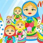 Färgglada ryska dockor (matrjosjkor) med blomdekorationer mot en ljus bakgrund
