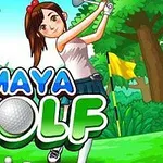 Tecknad flicka spelar golf i en grön skogsmiljö med texten Maya Golf i förgrunden