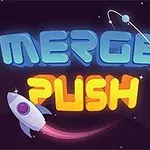 Texten MERGE PUSH i blå och gul färg med en tecknad rymdraket och en planet med en omloppsbana i bakgrunden