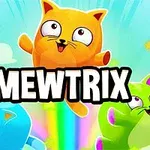 Färgglada tecknade katter med stora ögon hoppar framför en regnbågsbakgrund, med texten MEWTRIX i förgrunden